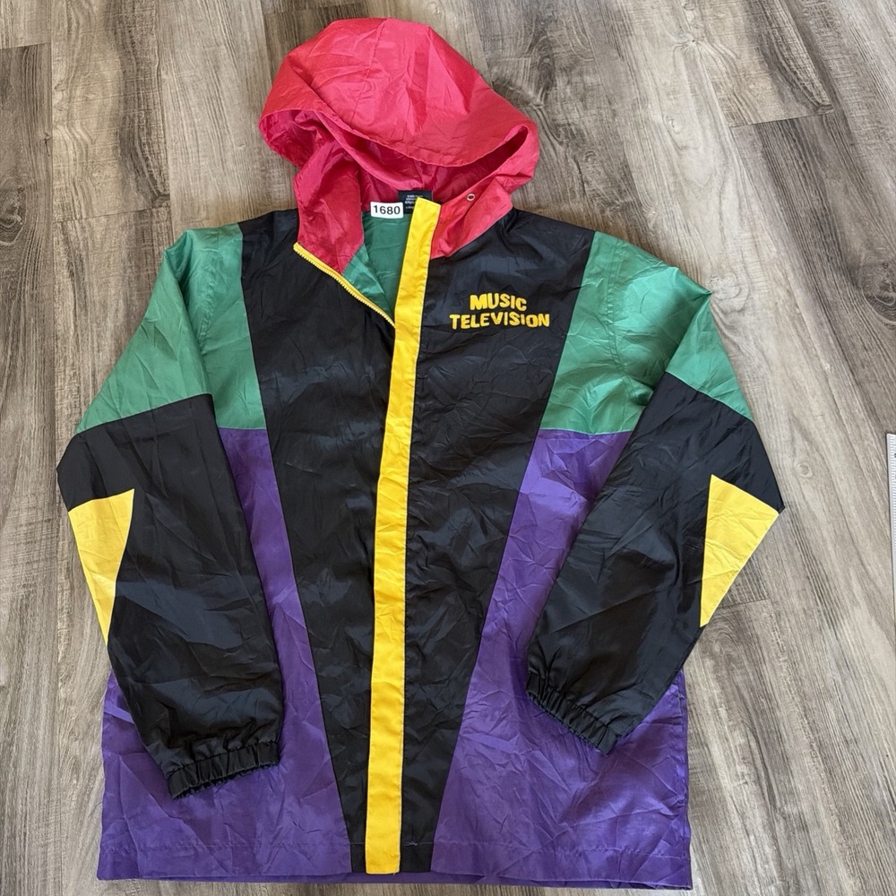 MTV Retro Colorblock Lightweight Hooded Windbreaker Jacket - M Iconic TV